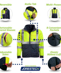 Hi Vis 4 In 1 Reversible Work Jacket with Removable Sleeves for Construction and Roadwork featuring multiple functional features.