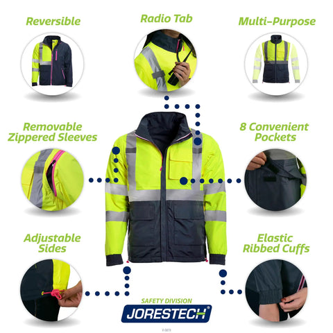 Hi Vis 4 In 1 Reversible Work Jacket with Removable Sleeves for Construction and Roadwork featuring multiple functional features.