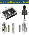 Three Piece PVC Pipe Threader Kit With Step Drill Reamer for 1/2 inch and 3/4 inch NPT in plastic case with measurements