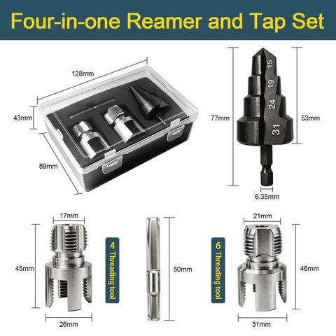 Three Piece PVC Pipe Threader Kit With Step Drill Reamer for 1/2 inch and 3/4 inch NPT in plastic case with measurements