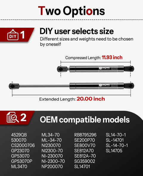 Heavy Duty 20 Inch Gas Struts Shocks Pair DIY options and OEM compatible models displayed