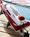 Close-up of Fast 19 Inch RC Boat With 35 Plus KPH Top Speed Remote Control Water Toy for kids and adults, red and white design.