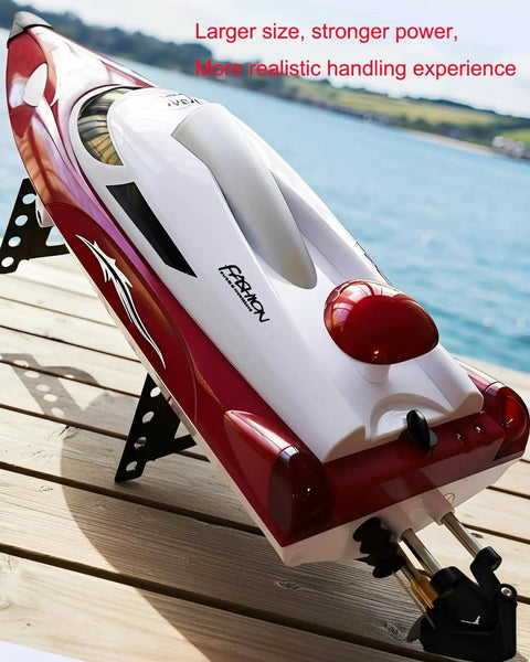 Close-up of Fast 19 Inch RC Boat With 35 Plus KPH Top Speed Remote Control Water Toy for kids and adults, red and white design.