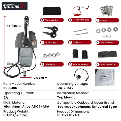 Outboard Remote Throttle Control Console Top Mount With Single Lever Binnacle Control And Key Switch For Johnson And Evinrude Outboards Built To Last Die Cast Aluminum Housing Smooth Marine Grade Operation Easy Install, shown with components and dimensions