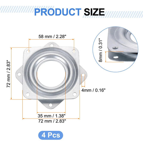 Three Inch Bar Stool Swivel Replacement Plate With 360 Degree Rotation Lazy Susan Turntable For Recliners And Tables Square Ball Bearing Base Mount Silver 72x72mm 8mm Thick, 72x72mm 4 pcs