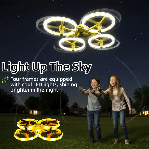 Kids Hand Controlled Drone With Gesture Sensing And Smart Watch Control LED Light Show Quad Copter flying at night with kids