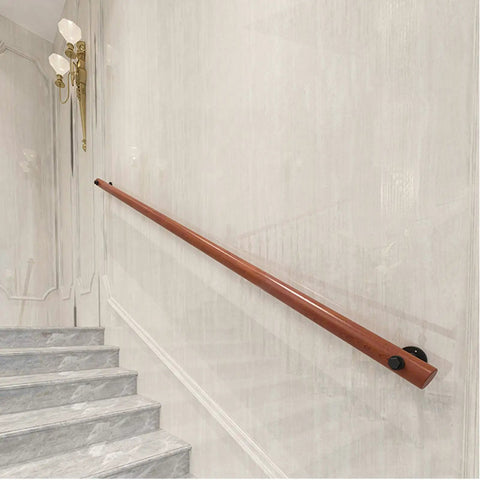 Natural Wooden Wall Mounted Porch Railing Adjustable Deck Handrail on a stair wall, providing heavy duty support and grip.