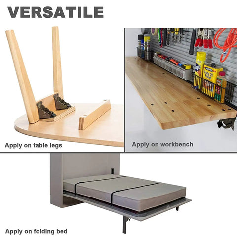 Beefy Heavy Duty Four Piece Collapsible Support Frame With Self Locking Hinges shown in versatile uses for tables, workbenches, and beds.
