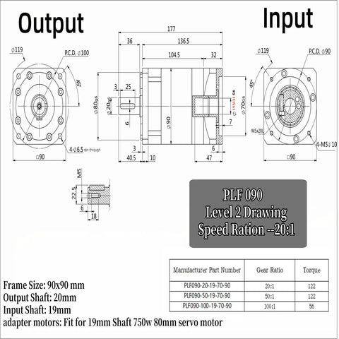 Technical drawing of Beefy Planetary Gearbox Speed Reducer 20 To 1 Ratio For Nineteen mm Input Shaft And Eighty mm Servo Motor 750W.