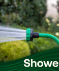 16 Inch Watering Wand For Garden Hose With Thumb Control Lever, 8 Pattern Spray in shower mode, green garden backdrop