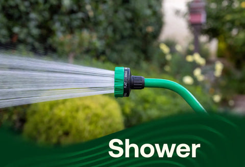 16 Inch Watering Wand For Garden Hose With Thumb Control Lever, 8 Pattern Spray in shower mode, green garden backdrop