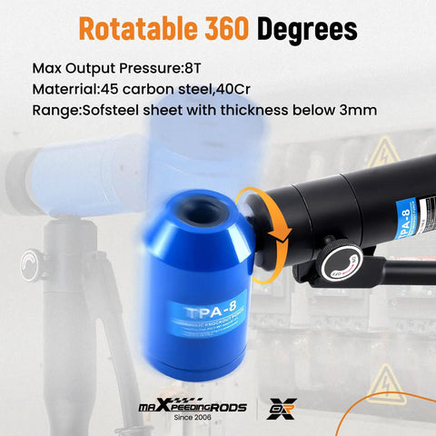 Beast 8-Ton Hydraulic Knockout Punch Kit with 360-degree swivel head and specifications overlay for electrical conduit and metal sheets.