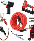 All Weather Hybrid Air Hose Three Eighths Inch by 100 Feet 300 PSI with air tools and accessories, suitable for diverse applications.