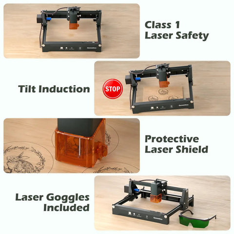 Front view of Desktop Laser Engraver Kortek 5W Dope Portable with tilt induction, protective laser shield, and goggles included.