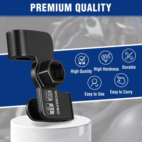 Wrench Extender Tool For 1/2 Inch Breaker Bars And 21mm Hex Drives, shown with quality features listed on display box.
