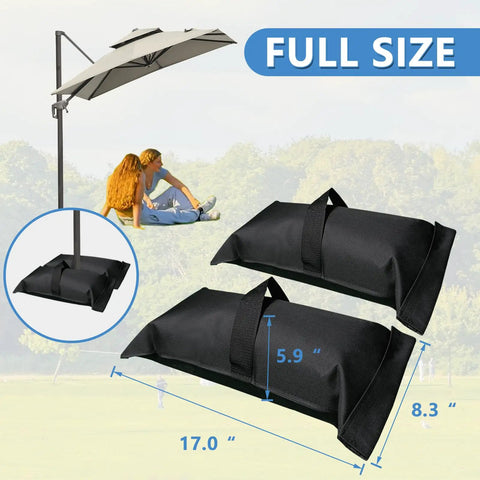 Fillable Sandbag Base Weights For Patio Umbrella, Set Of 2, Each Holds 30 Lbs, Heavy Duty Oxford Cloth, Black with measurements