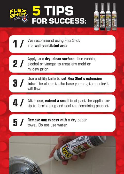 Instructions for using Flex Shot sealant; shown applying in a bathroom with tips for success in sealing wet areas.