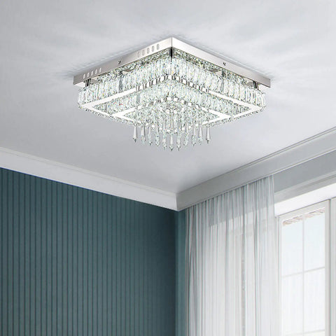 16 Inch LED Chandelier Square Crystal Flush Mount Ceiling Light Fixture for Living Room, Bedroom, Dining Room, Entryway