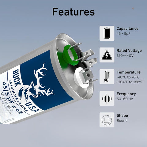 Dual Run Capacitor 45 And 5 MFD 6 Percent Tolerance CBB65B For HVAC Systems with labeled terminals and Buck USA branding.