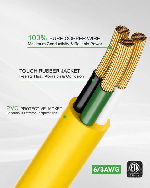 Three Foot 6/3 Awg Nema 6-50P Pigtail Power Cord Featuring Pre Crimped Copper Terminal Rings For Welder Boxes And Heavy Duty Shop Appliances Zero Fuss Mounting And Built Like A Tank At 50 Amps, showing 100% pure copper wire and tough rubber jacket.