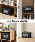 Smart Biometric Fingerprint Safe Lockbox with 3-way access, shown in living room, bedroom, closet, and office settings.