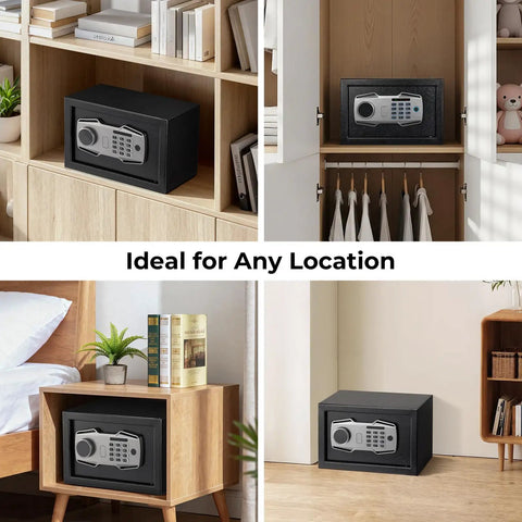 Smart Biometric Fingerprint Safe Lockbox with 3-way access, shown in living room, bedroom, closet, and office settings.