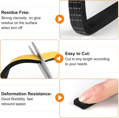 Badass Durable Door Weather Stripping 66FT Neoprene Draft Blocker Tape shows easy cut options and deformation resistance features.