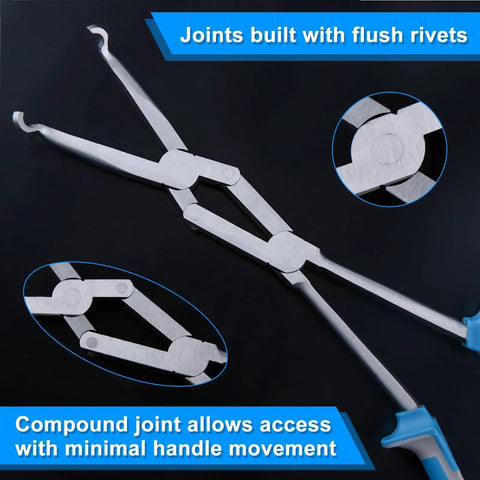 Three Piece 13 Inch Long Reach Double Joint Ring Nose Pliers With XL Pivot For Hose Grip And Spark Plug Removal In Tight Spaces Ideal For Auto Shop Garage Or Workshop One Third Inch To Three Quarter Inch Diameters, compound joint detail