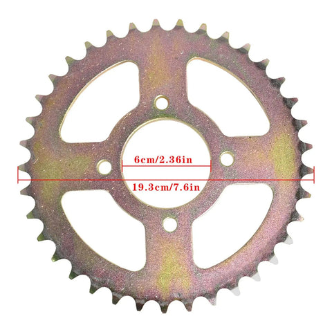Close-up of chain sprocket from 44 Inch Rear Axle Shaft Kit With Chain Sprocket Brake Disc Pillow Block And Wheel Hub Replacement