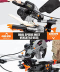Front and side views of a DWT sliding compound miter saw with 10-inch blade, extension table, blade guard, cutting wood.