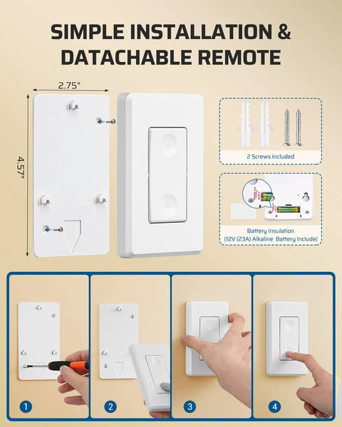 Wireless Light Switch Kit No Wiring Required 10A 1000W With Remote Control For Ceiling Lights Fans And Lamps 100 Ft RF Range No Fuss Install Between Power And Fixtures