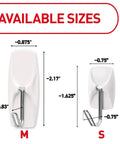 Size comparison of medium and small wire toggle hooks with four hooks and five adhesive strips, damage free hanging, no tools needed.