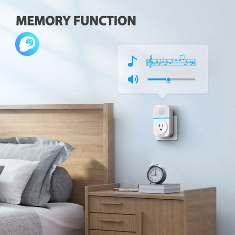 Wireless Doorbell Kit With Plug Through Design IP66 Waterproof 1300 Feet Range Cordless Chime on wall next to bed with memory function icon