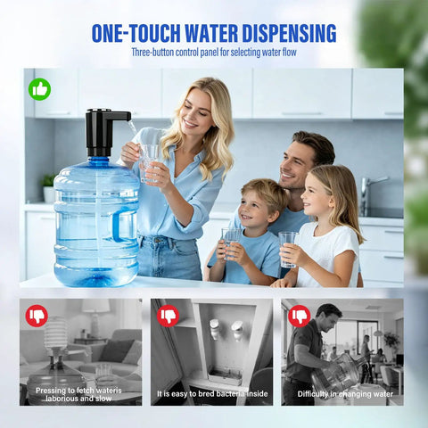 Family using USB C Rechargeable Water Pump For 5 Gallon Jugs With Dual Motors And Silicone Adapter in kitchen