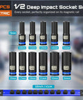 Heavy Duty Half Inch Deep Impact Socket Set With Magnetic Rail, 11 Piece Metric 10 To 24 Mm, displayed on magnetic rail