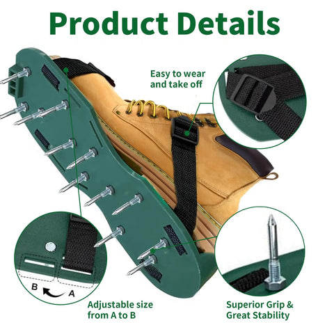 Dope Lawn Aerator Shoes With 1.65 Inch Spikes, Adjustable Inflatable Design, detailed view, green sole and laces, side view.