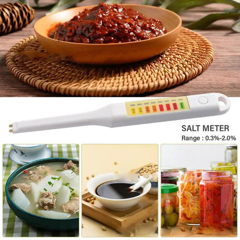 Handheld Salt Concentration Tester Pen With LED Display for Liquid Foods, displayed with soups, sauces, and pickled jars