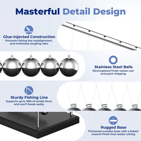 Detailed view of Newtons Cradle Desk Toy With 7 Beads Kinetic Pendulum for stress relief, showing stainless steel balls and wooden base.