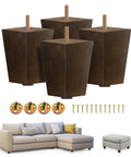 Heavy Duty Four Inch Square Wooden Furniture Legs With Adjustable Levelers And Secure T Nuts Hardware Brown Wood Grain set of four with hardware.