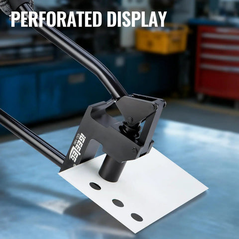 Heavy Duty Stud Punch Set perforating 20GA sheet metal for 7/8, 1-1/8, and 1-11/32 inch holes, showcasing lever punch action.