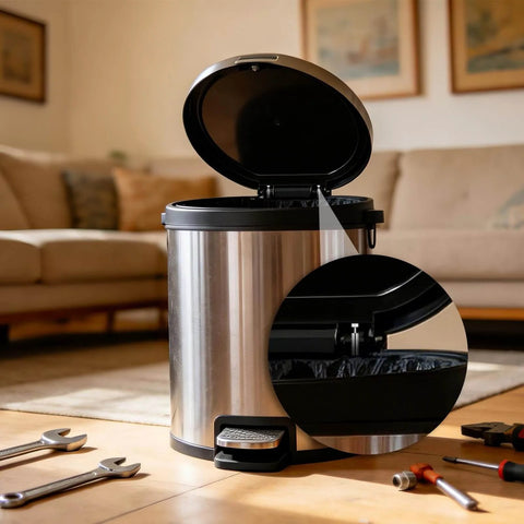 Soft Close Damper For Trash Can Lids, 6 Pack Hydraulic Lid Piston With Quiet Close Buffer installed in kitchen trash can