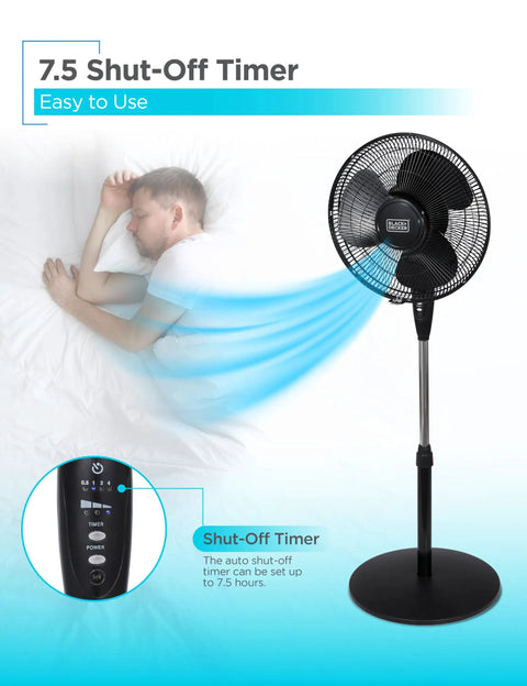 16 Inch Stand Fan With Pedestal Base Height Adjustable Remote Control Touch Panel Free Standing 90 Degree Oscillation And 3 Speed Settings Quiet Powerful Cooling For Bedrooms Offices Garages Dorms with shut-off timer feature.