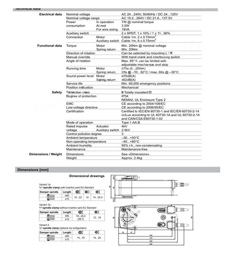 Technical specifications for Top Tier 20Nm 24V AC DC Electric Actuator with Emergency Bypass Function, detailing dimensions and electrical data.