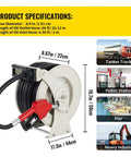 Heavy Duty Retractable Fuel Hose Reel With No Sweat Auto Refueling Gun For Diesel Gasoline And Water 66 Ft Self Coiling Dispenser dimensions and specifications