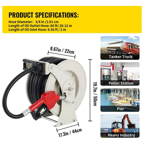 Heavy Duty Retractable Fuel Hose Reel With No Sweat Auto Refueling Gun For Diesel Gasoline And Water 66 Ft Self Coiling Dispenser dimensions and specifications
