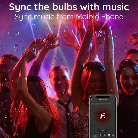 Smart A19 LED Bulbs With Music Sync And WiFi Control RGBCW Color Changing 13W 120W Equivalent in party setting with phone app