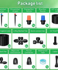 Image showing package list for All In One Drip Irrigation Kit With 246 Ft Main One Half Inch Tube And One Quarter Inch Branch Tubing.