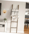 Heavy Duty Adhesive Hook Set That Stays Rock Solid No Sweat Install For Hanging Towels Coats Bags Keys, white hooks with rustic ladder.