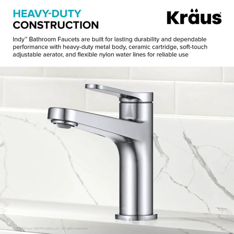 Indy Single Handle One Hole Bathroom Sink Faucet In Brushed Gold With Solid Brass Build And Corrosion Resistant Finish For Leak Free Performance And No Fuss Smooth Temperature And Flow Control displayed against a marble backsplash.