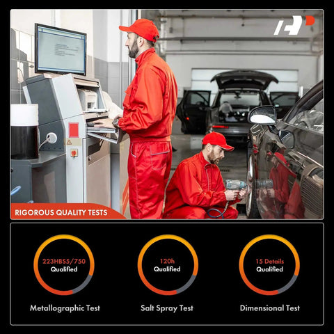 Workers performing quality tests in red uniforms, assessing automotive parts in a workshop setting.